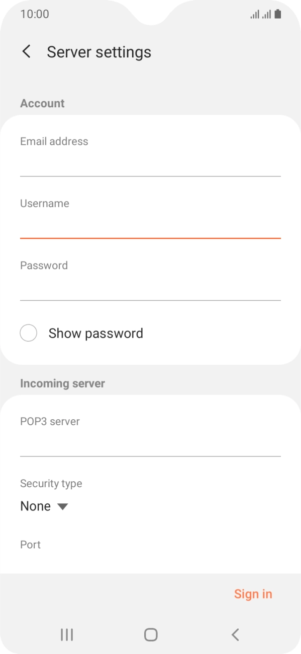 Press the field below 'POP3 server' and key in the name of your email provider's incoming server. Press the field below 'POP3 server' and key in the name of your email provider's incoming server.