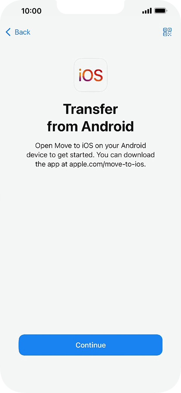To transfer content to your phone, you need to install the app 'Move to iOS' on the Android phone. When the app is installed, press Continue.