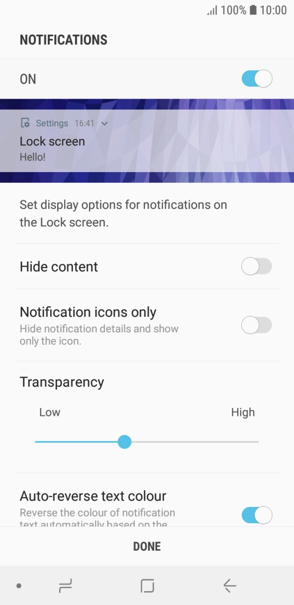 Press the indicator next to the required settings to turn them on or off.
