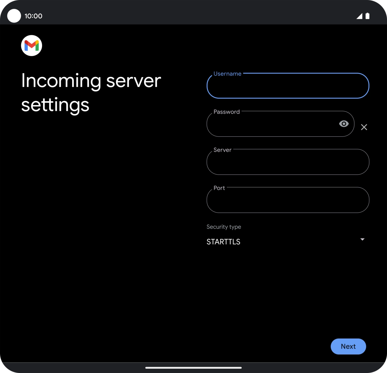 Press the field below 'Server' and key in the name of your email provider's incoming server. Press the field below 'Server' and key in the name of your email provider's incoming server.