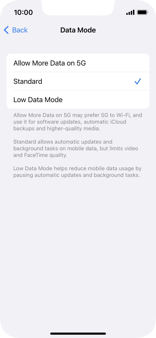 Press the required setting.