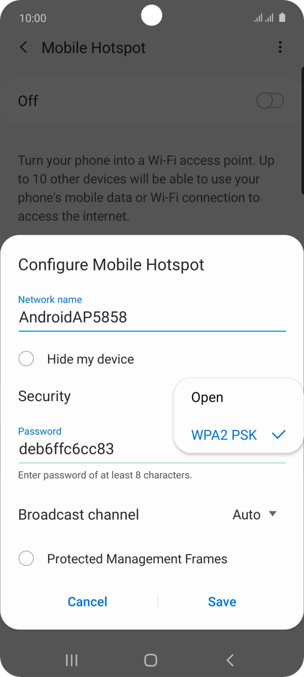 Press WPA2 PSK to password protect your WiFi hotspot.