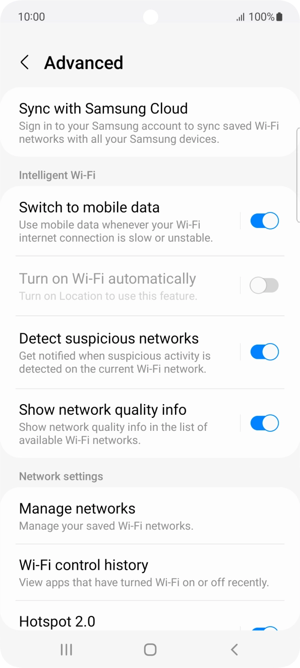 Press the indicator next to 'Switch to mobile data' to turn the function on or off. Press the indicator next to 'Switch to mobile data' to turn the function on or off.