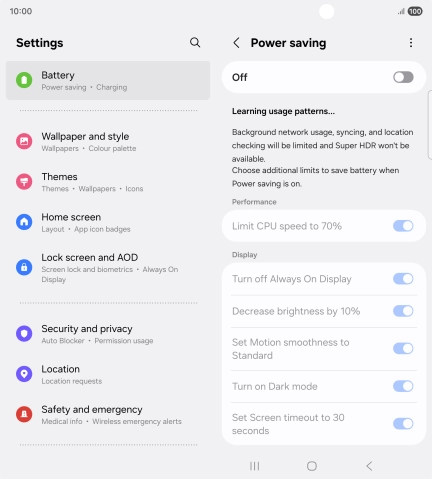 Press the indicator below 'Power saving' to turn on the function.