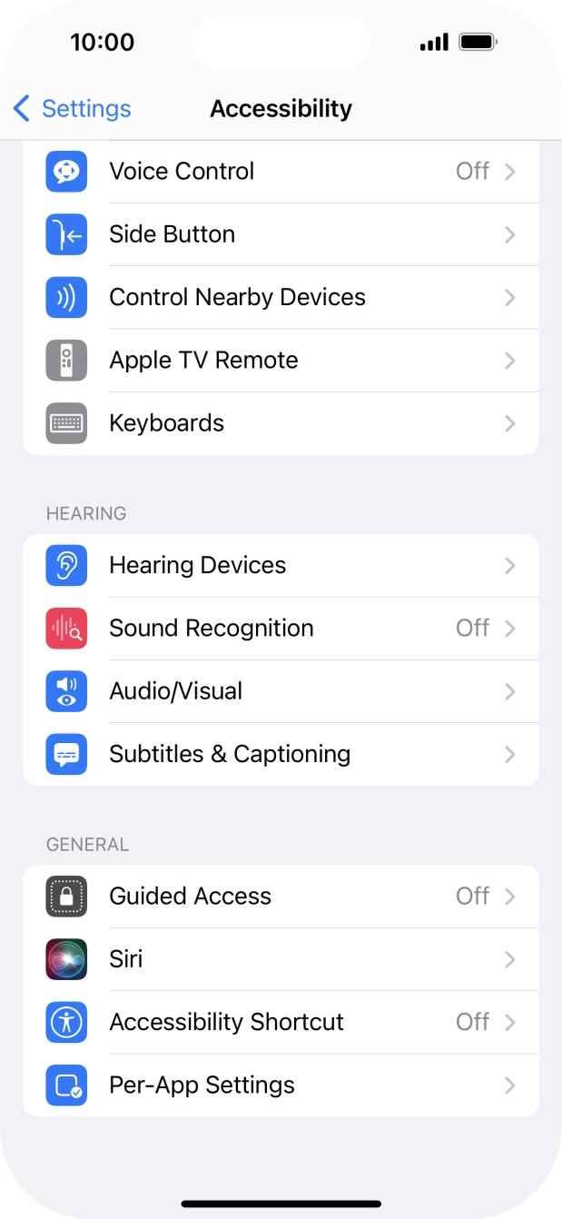 Press the required category below 'HEARING' and follow the instructions on the screen to select the required settings.