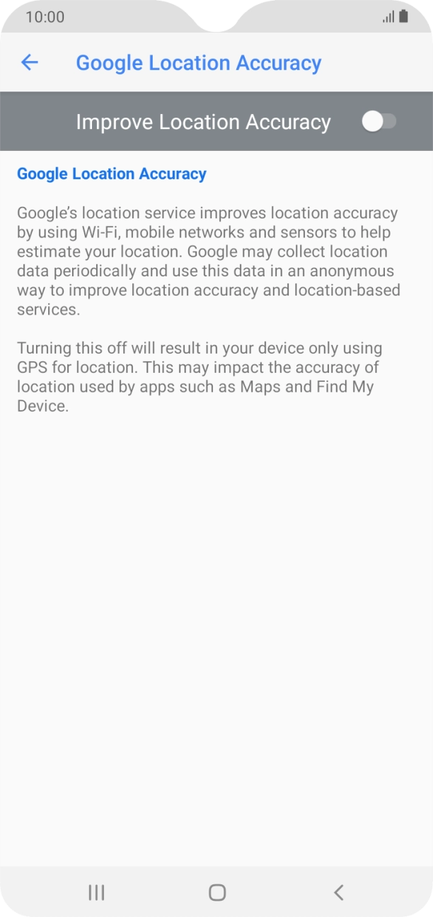 If you press the indicator next to 'Improve Location Accuracy' to turn on the function, your phone can find your exact position using the GPS satellites, the mobile network and nearby WiFi networks. Satellite-based GPS requires a clear view of the sky.