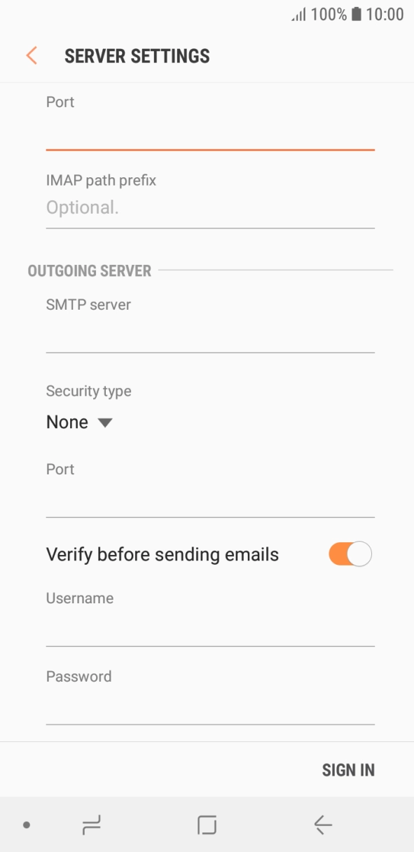 Press the field below 'SMTP server' and key in the name of your email provider's outgoing server. Press the field below 'SMTP server' and key in the name of your email provider's outgoing server.