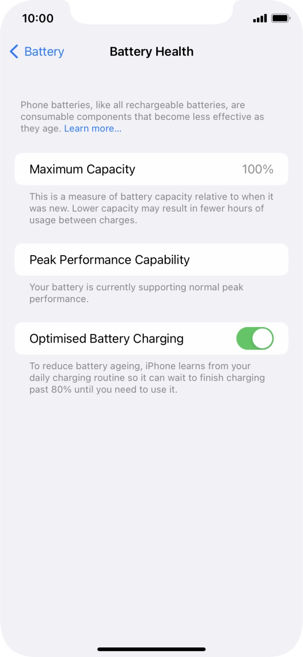 Press the indicator next to 'Optimised Battery Charging' to turn the function on or off.