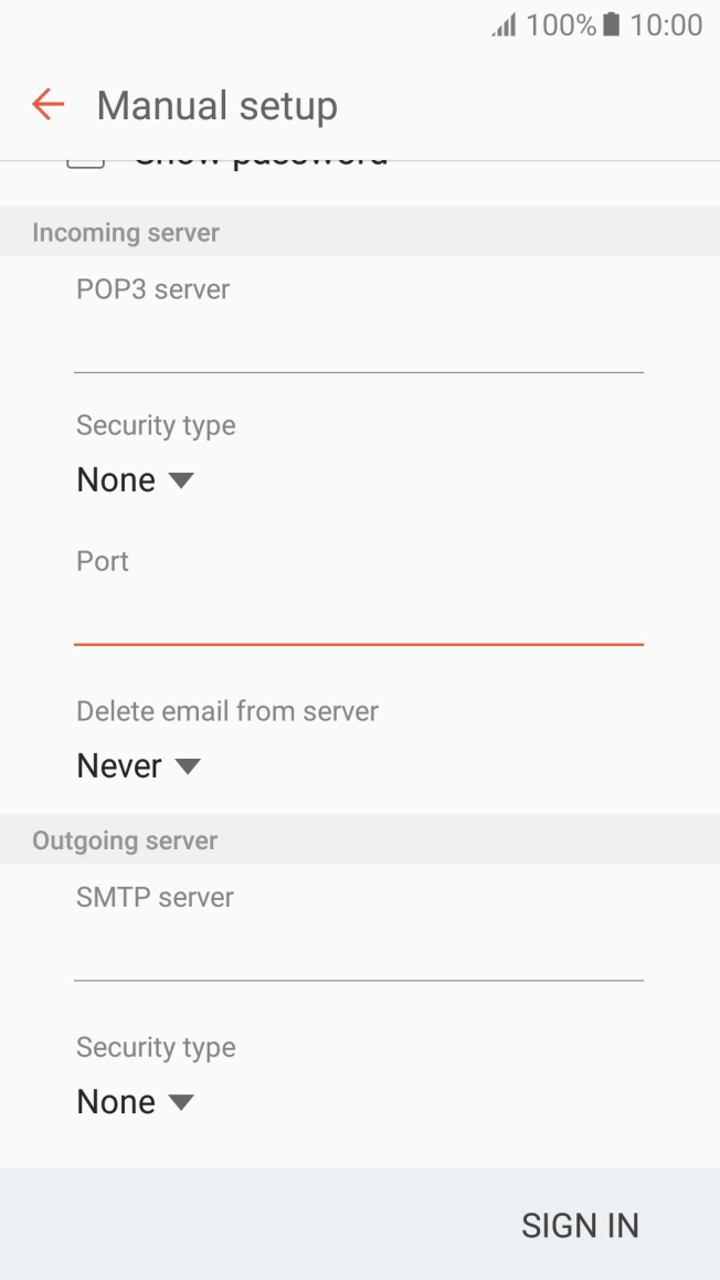 Press the drop down list below 'Delete email from server'. Press the drop down list below 'Delete email from server'.
