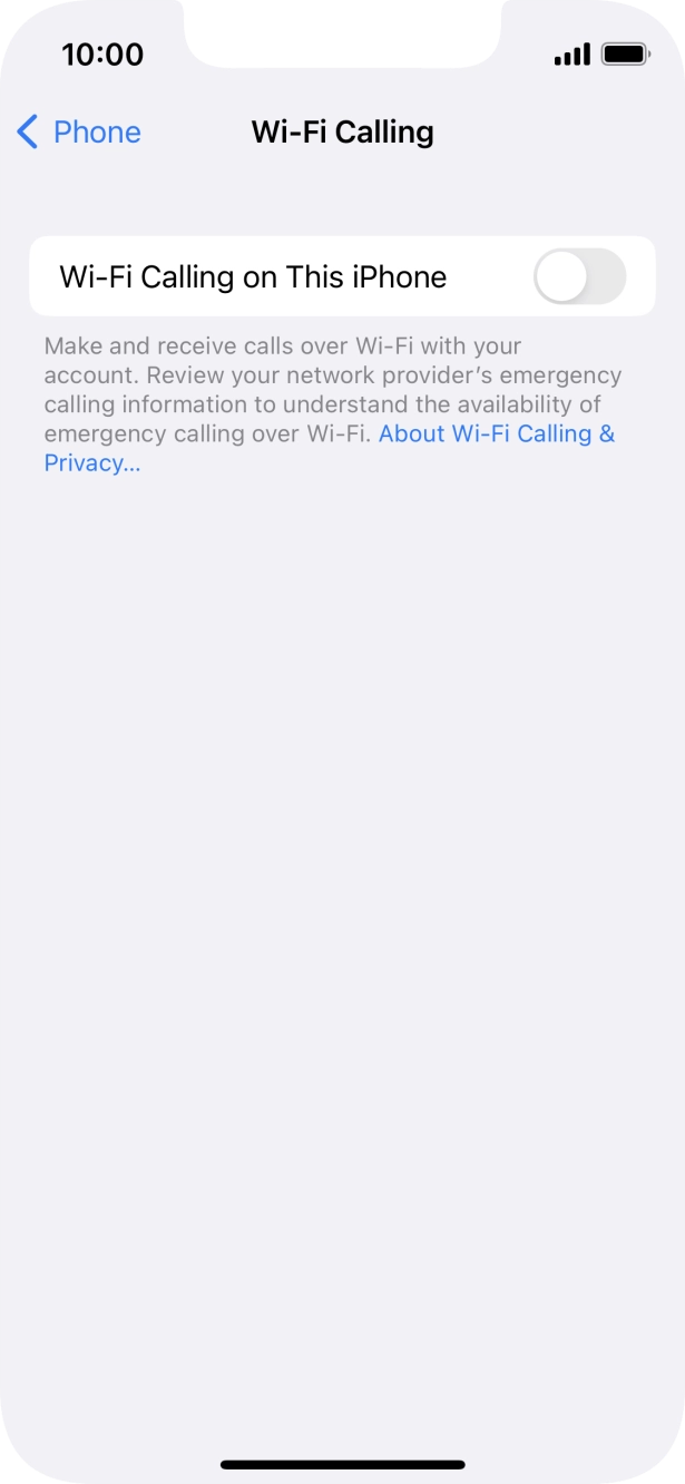 Press the indicator next to 'Wi-Fi Calling on This iPhone' to turn the function on or off. Press the indicator next to 'Wi-Fi Calling on This iPhone' to turn the function on or off.