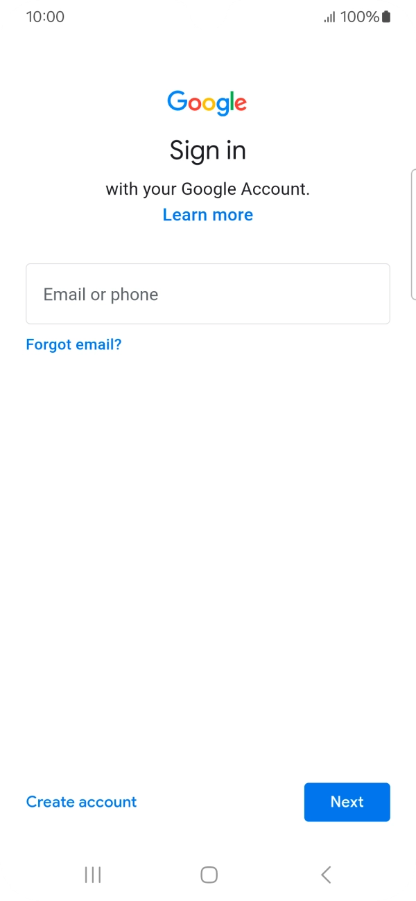 If you don't have a Google account, press Create account and follow the instructions on the screen to create an account.