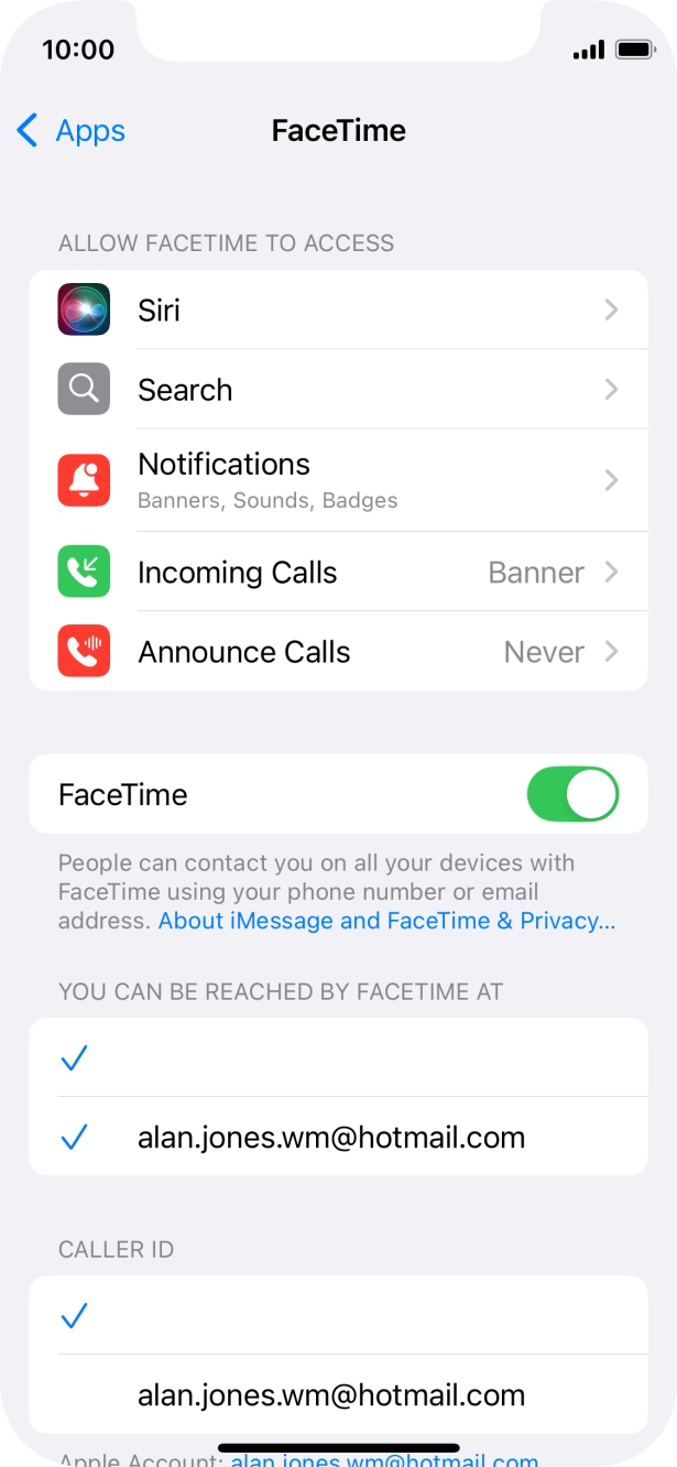 Press the indicator next to 'FaceTime' to turn the function on or off.
