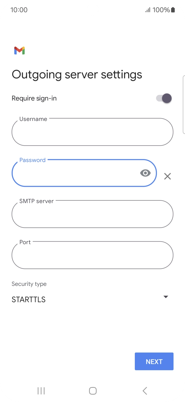 Press the field below 'SMTP server' and key in the name of your email provider's outgoing server. Press the field below 'SMTP server' and key in the name of your email provider's outgoing server.