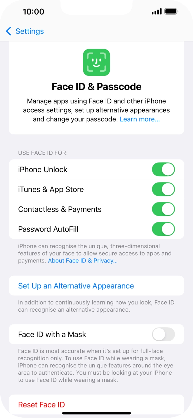 Press the indicators next to the required settings to turn them on or off.