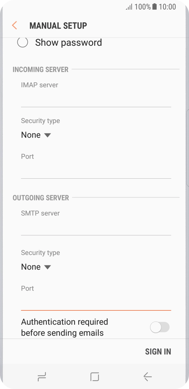Press the indicator next to 'Authentication required before sending emails' to turn on the function. Press the indicator next to 'Authentication required before sending emails' to turn on the function.