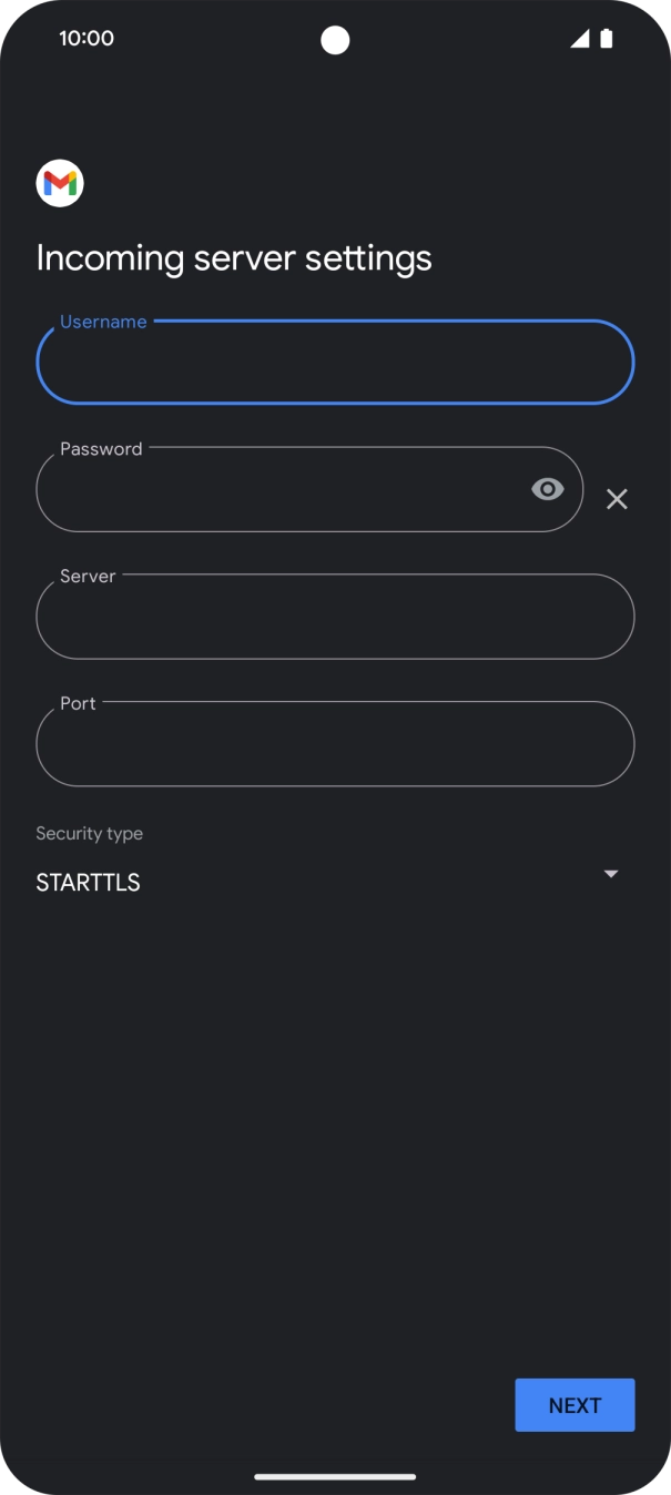 Press the field below 'Server' and key in the name of your email provider's incoming server. Press the field below 'Server' and key in the name of your email provider's incoming server.