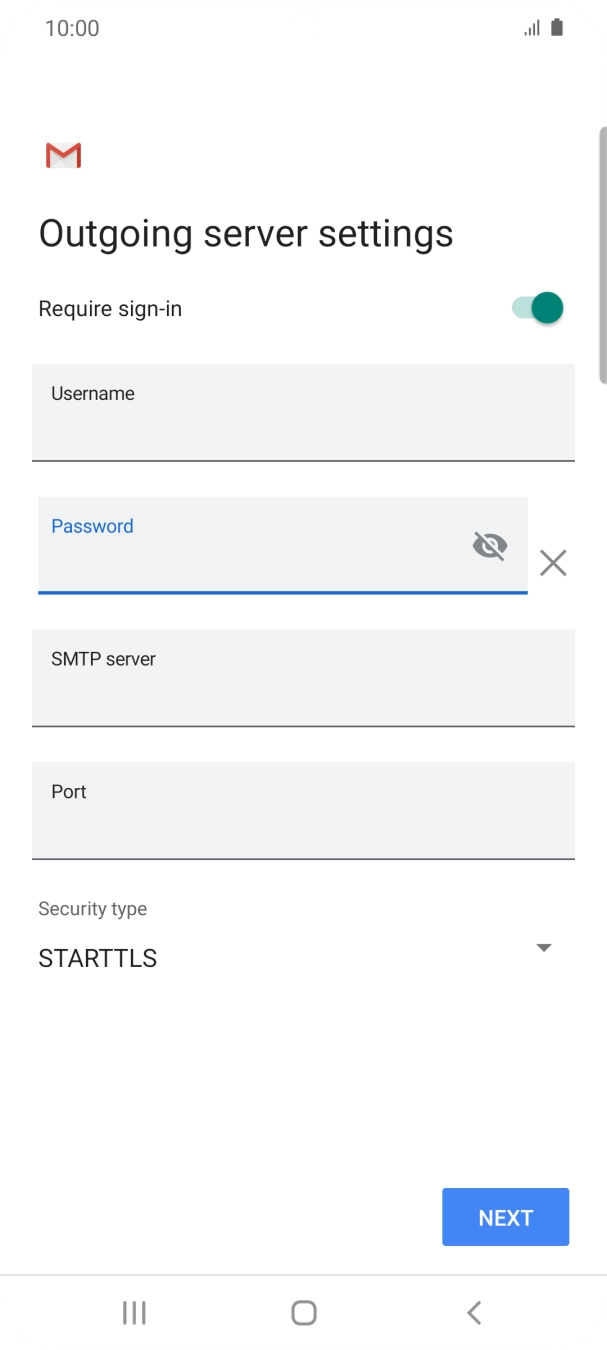 Press the field below 'SMTP server' and key in the name of your email provider's outgoing server. Press the field below 'SMTP server' and key in the name of your email provider's outgoing server.