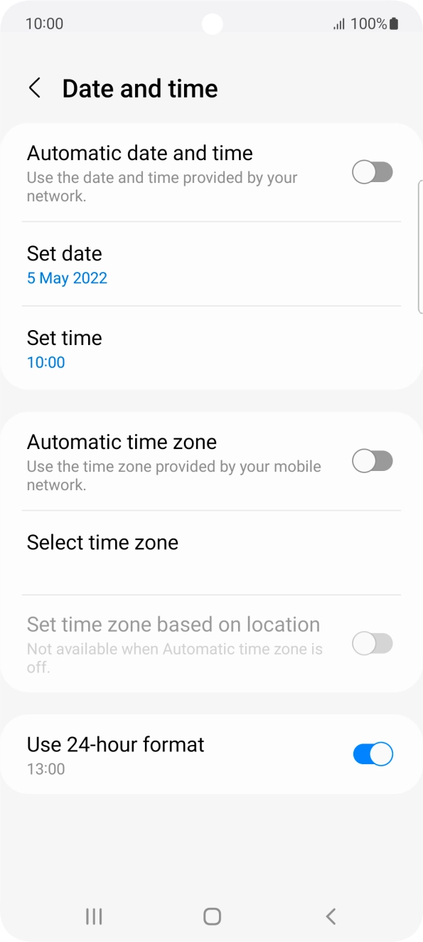Press the indicator next to 'Automatic date and time' to turn on the function.