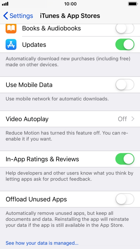 Press the indicator next to 'Offload Unused Apps' to turn the function on or off. Press the indicator next to 'Offload Unused Apps' to turn the function on or off.