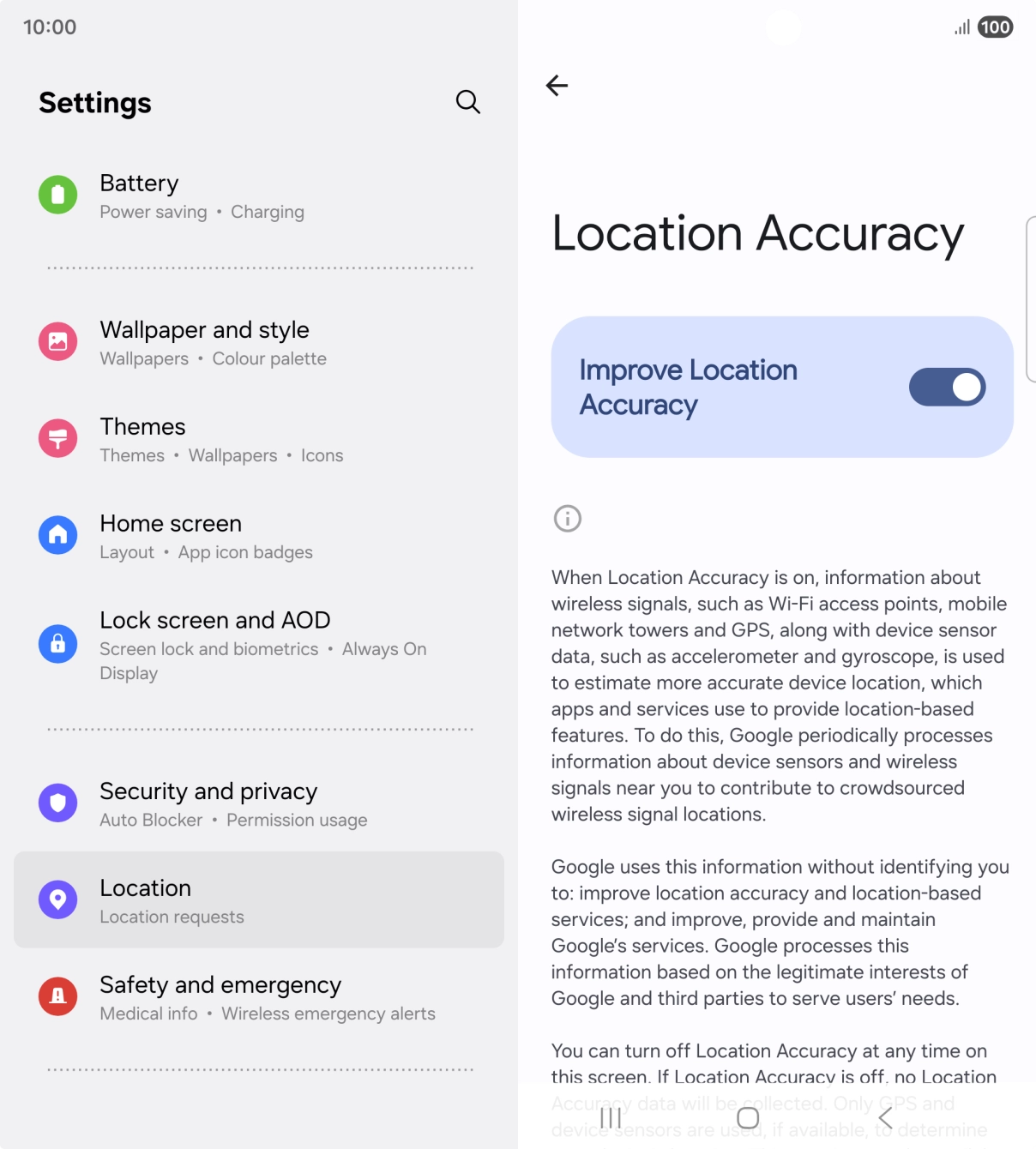 If you press the indicator next to 'Improve Location Accuracy' to turn off the function, your phone can find your exact position using the GPS satellites but it may take longer as there is no access to supplementary information from the mobile network or nearby WiFi networks.