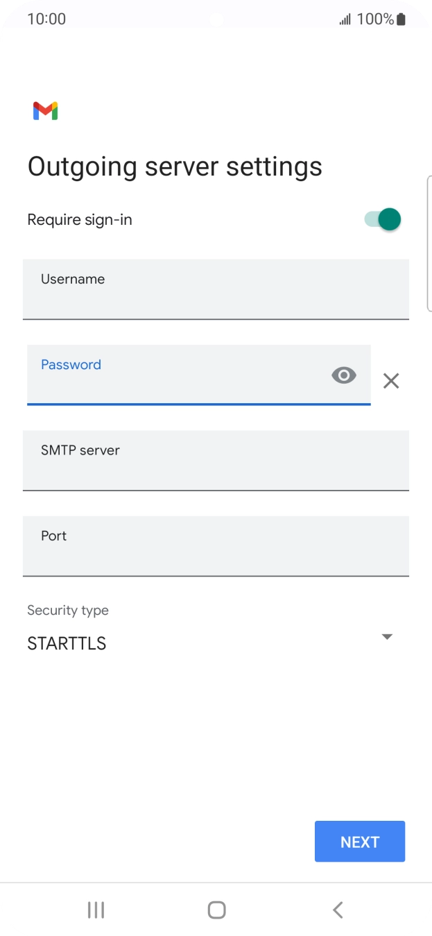 Press the field below 'SMTP server' and key in the name of your email provider's outgoing server. Press the field below 'SMTP server' and key in the name of your email provider's outgoing server.