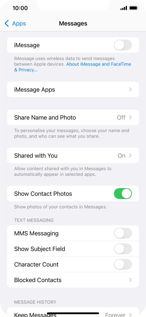 Press the indicator next to 'iMessage' to turn on the function.