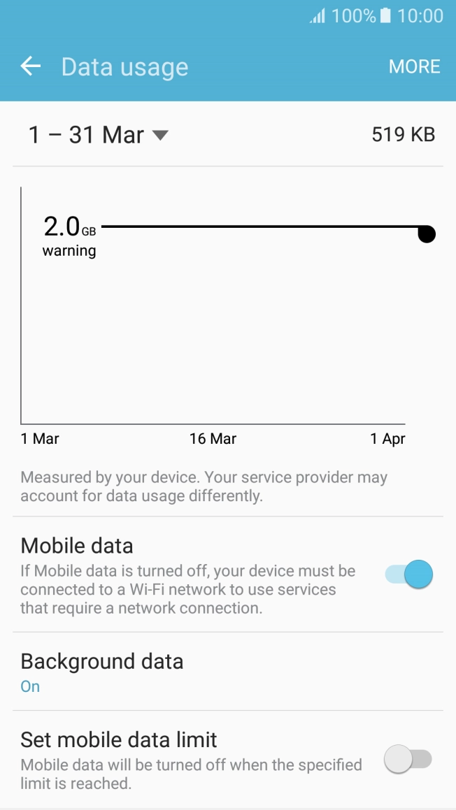 Press the indicator next to 'Mobile data' to turn the function on or off. Press the indicator next to 'Mobile data' to turn the function on or off.