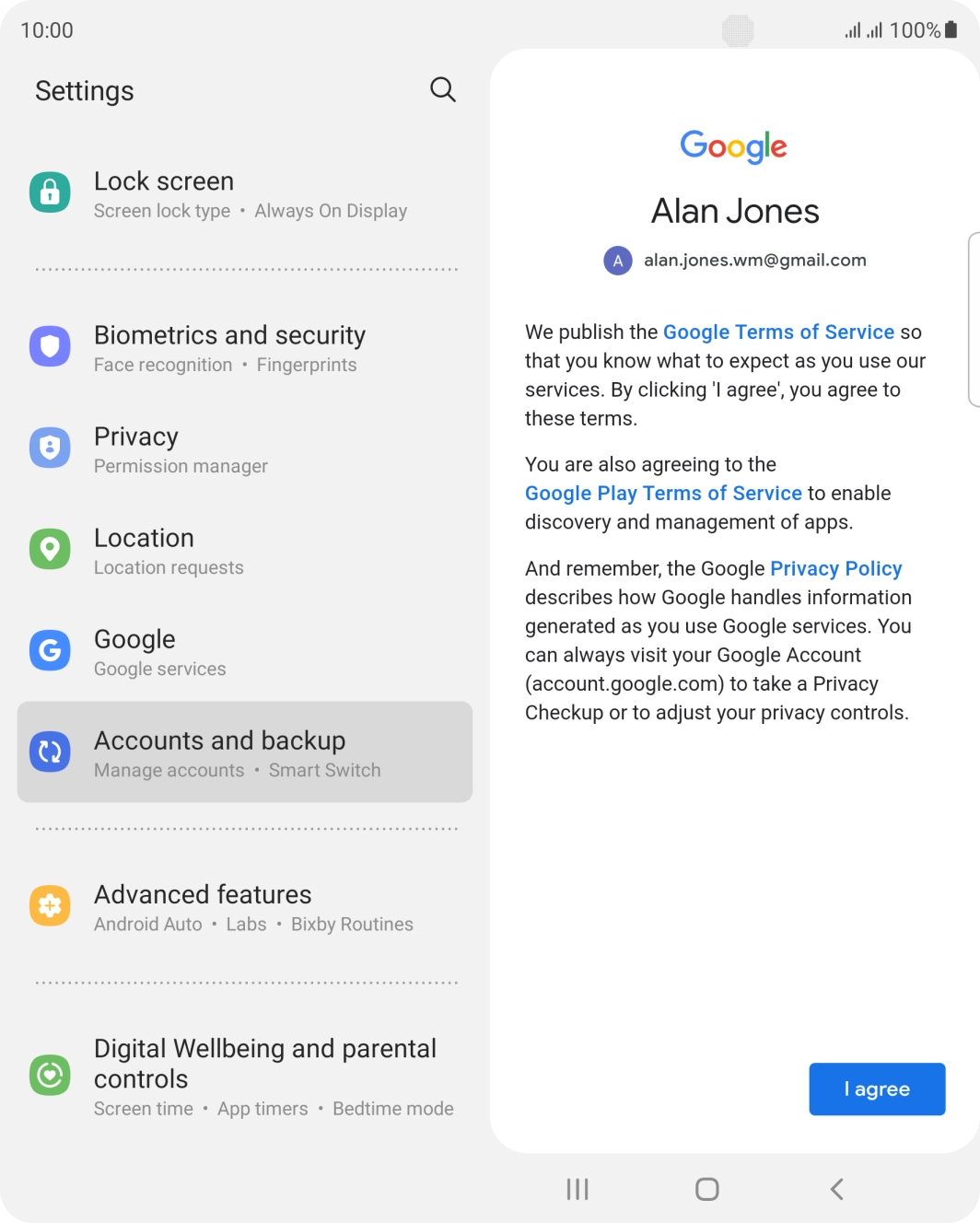 Press I agree and follow the instructions on the screen to select settings for your Google account.