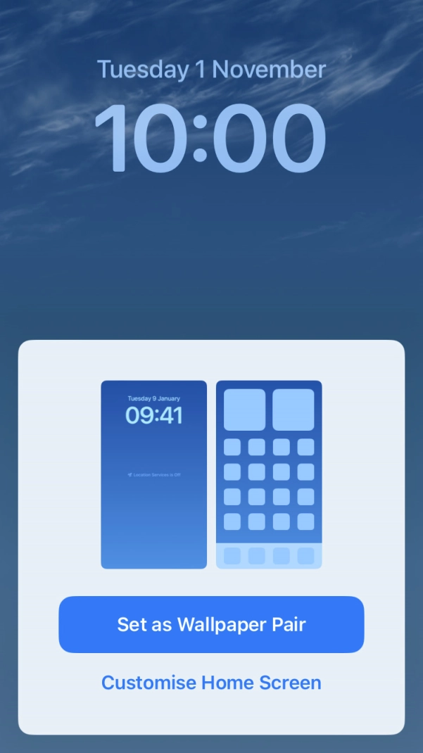 To use the same colour theme on the home screen, press Set as Wallpaper Pair. To use the same colour theme on the home screen, press Set as Wallpaper Pair.