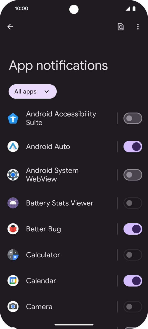 Press the indicator next to the required apps to turn the function on or off.