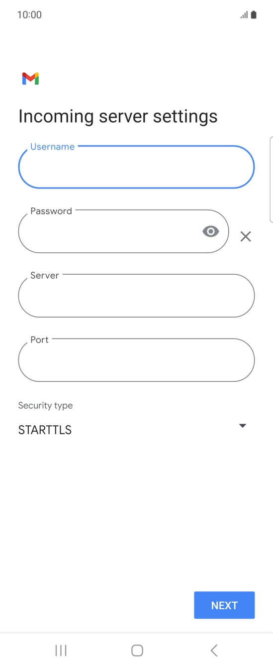 Press the field below 'Server' and key in the name of your email provider's incoming server. Press the field below 'Server' and key in the name of your email provider's incoming server.