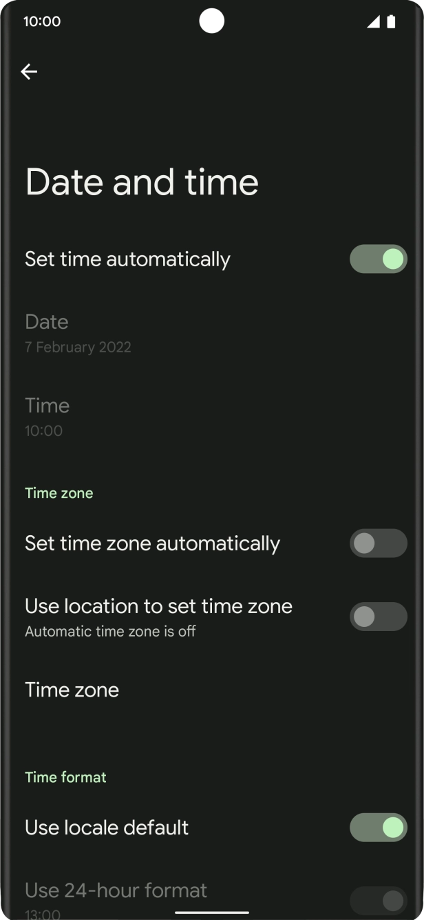 Press the indicator next to 'Set time zone automatically' to turn on the function.