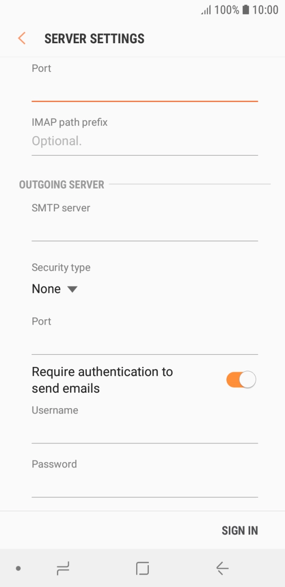 Press the field below 'SMTP server' and key in the name of your email provider's outgoing server. Press the field below 'SMTP server' and key in the name of your email provider's outgoing server.
