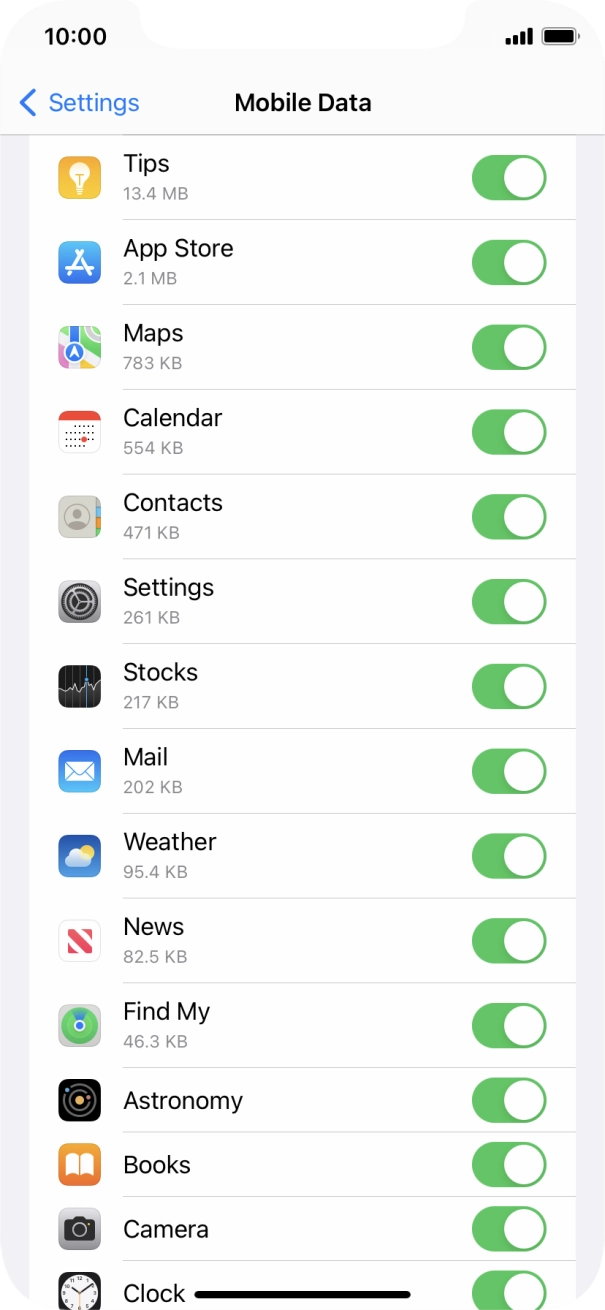 The data usage for each application is displayed below the name of the application.