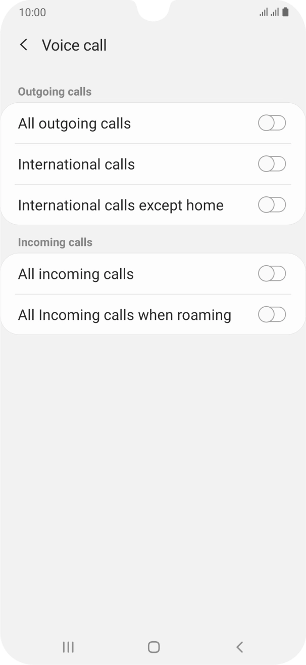 Press the indicator next to the required barring type to turn the function on or off. Press the indicator next to the required barring type to turn the function on or off.