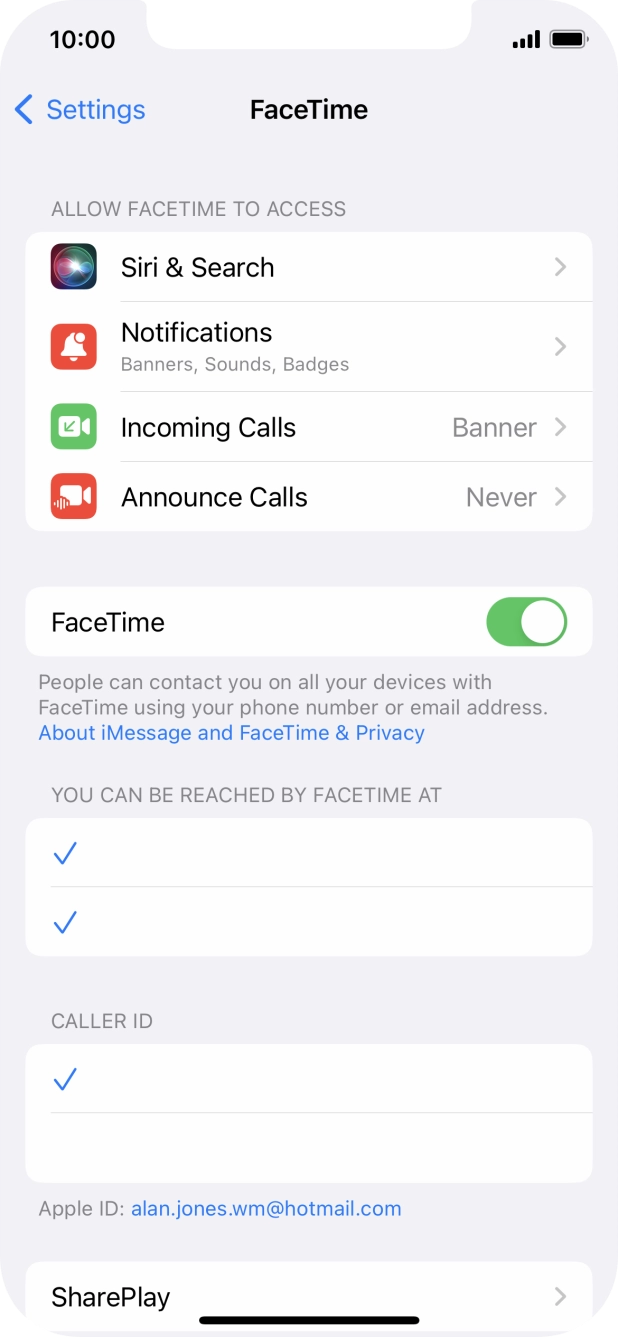 Press the indicator next to 'FaceTime' to turn the function on or off. Press the indicator next to 'FaceTime' to turn the function on or off.