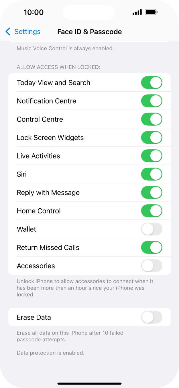 Press the indicator next to 'Erase Data' to turn the function on or off. Press the indicator next to 'Erase Data' to turn the function on or off.