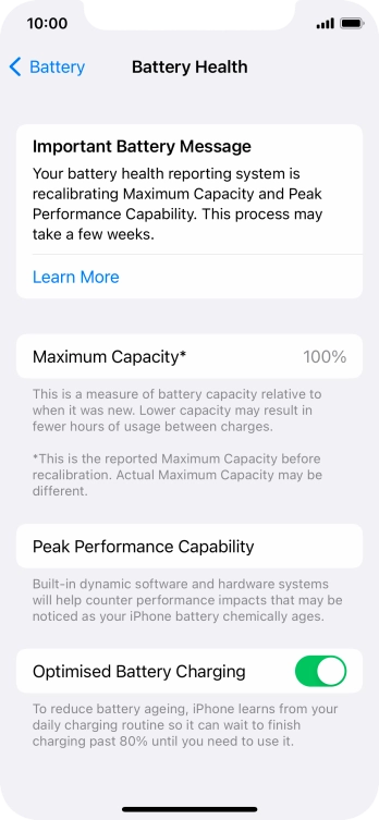 Press the indicator next to 'Optimised Battery Charging' to turn the function on or off.