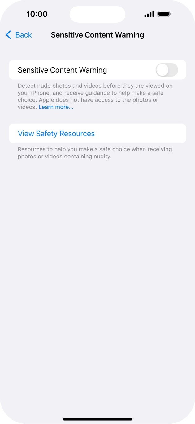 Press the indicator next to 'Sensitive Content Warning' to turn the function on or off.