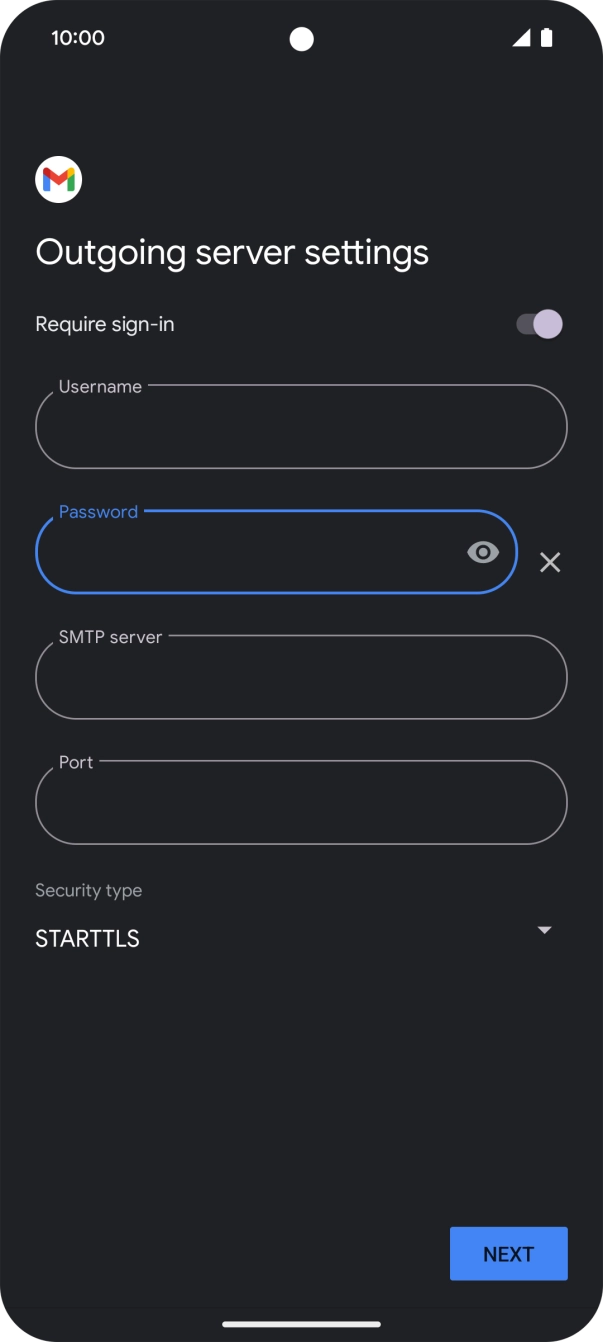 Press the field below 'SMTP server' and key in the name of your email provider's outgoing server. Press the field below 'SMTP server' and key in the name of your email provider's outgoing server.