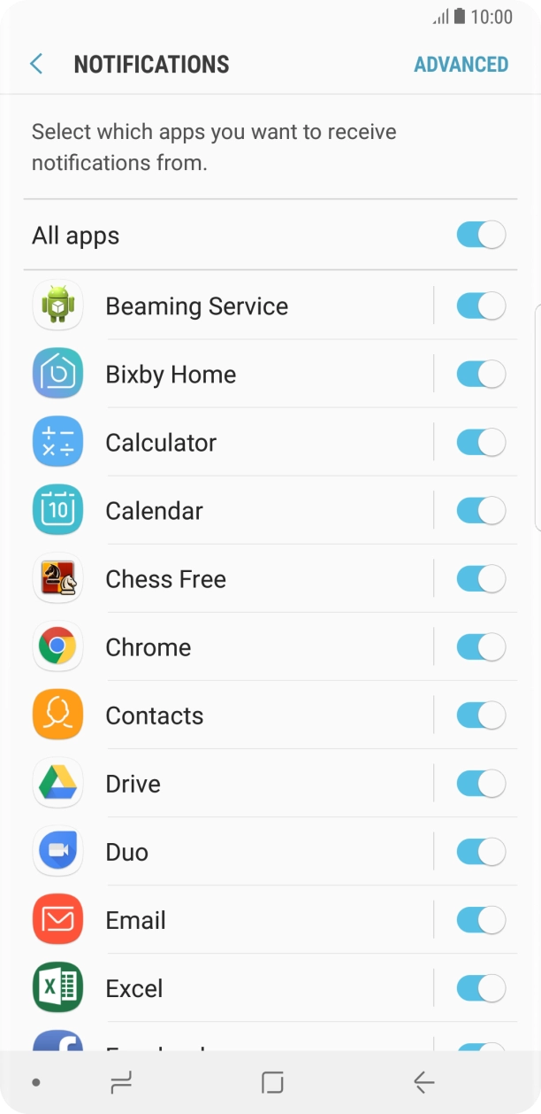 Press the indicator next to the required app to turn the function on or off. Press the indicator next to the required app to turn the function on or off.