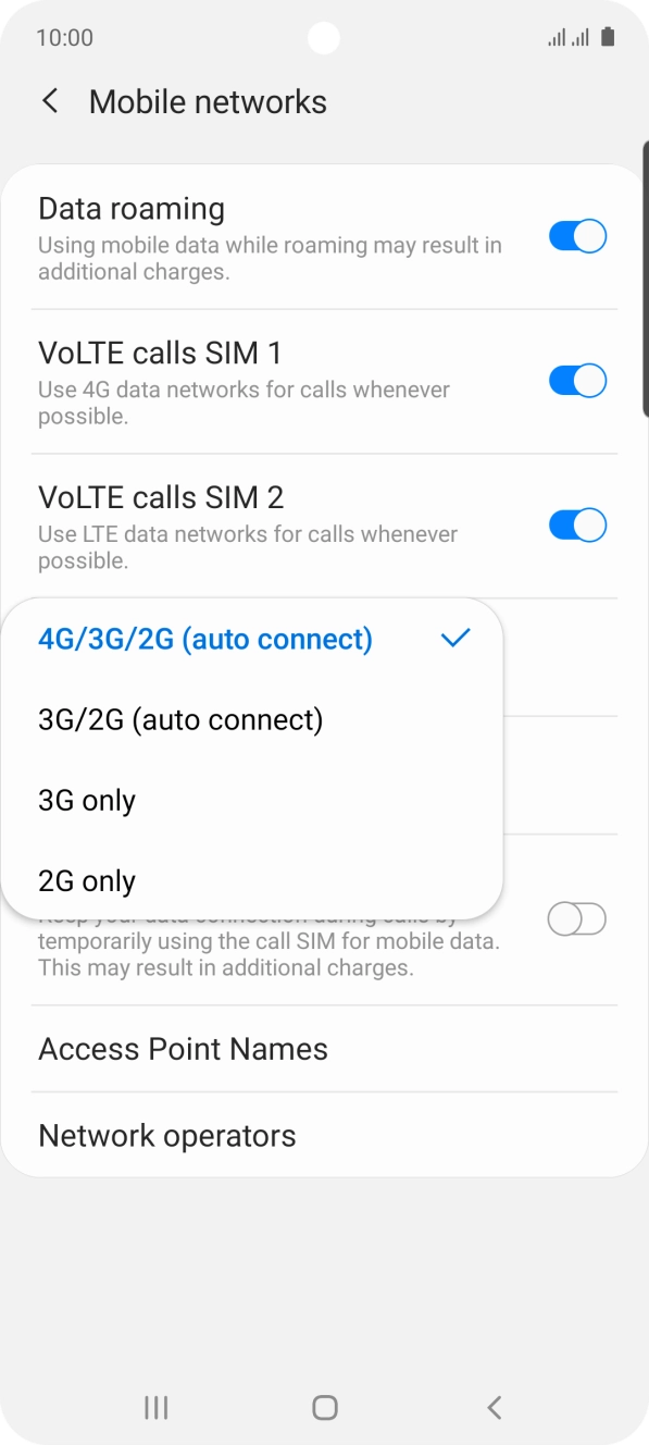Press the required network mode.