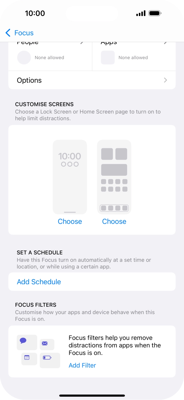 Press Add Schedule and follow the instructions on the screen to select settings for automatic activation of Do Not Disturb. Press Add Schedule and follow the instructions on the screen to select settings for automatic activation of Do Not Disturb.