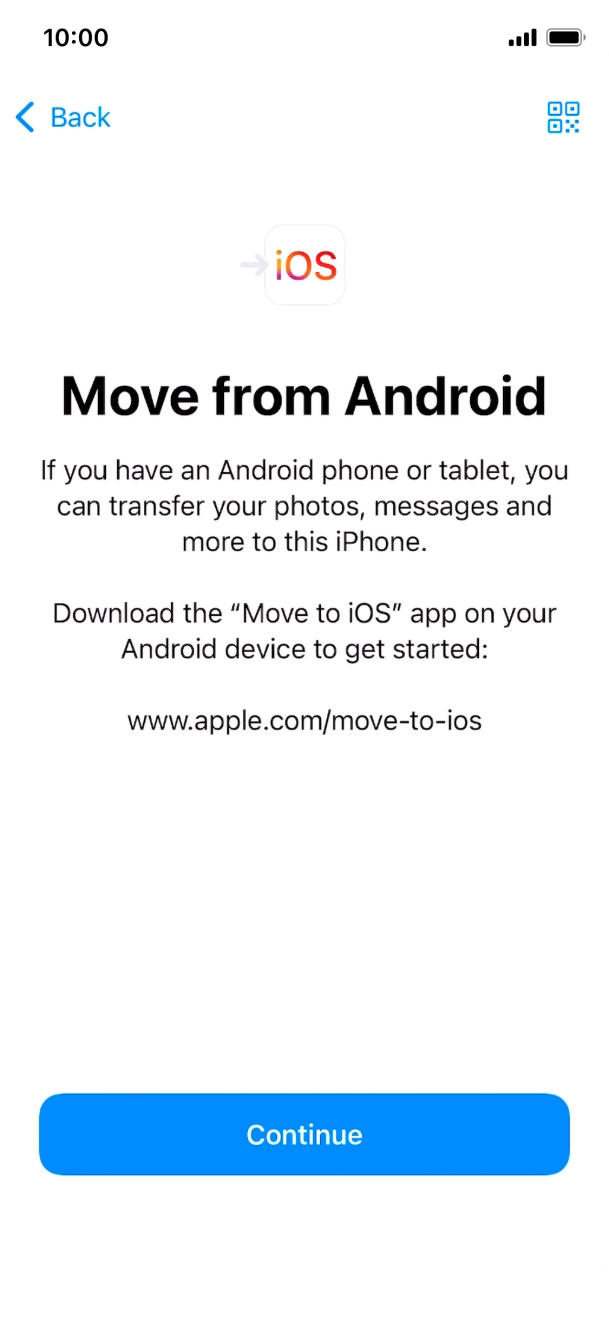 To transfer content to your phone, you need to install the app 'Move to iOS' on the Android phone. When the app is installed, press Continue.