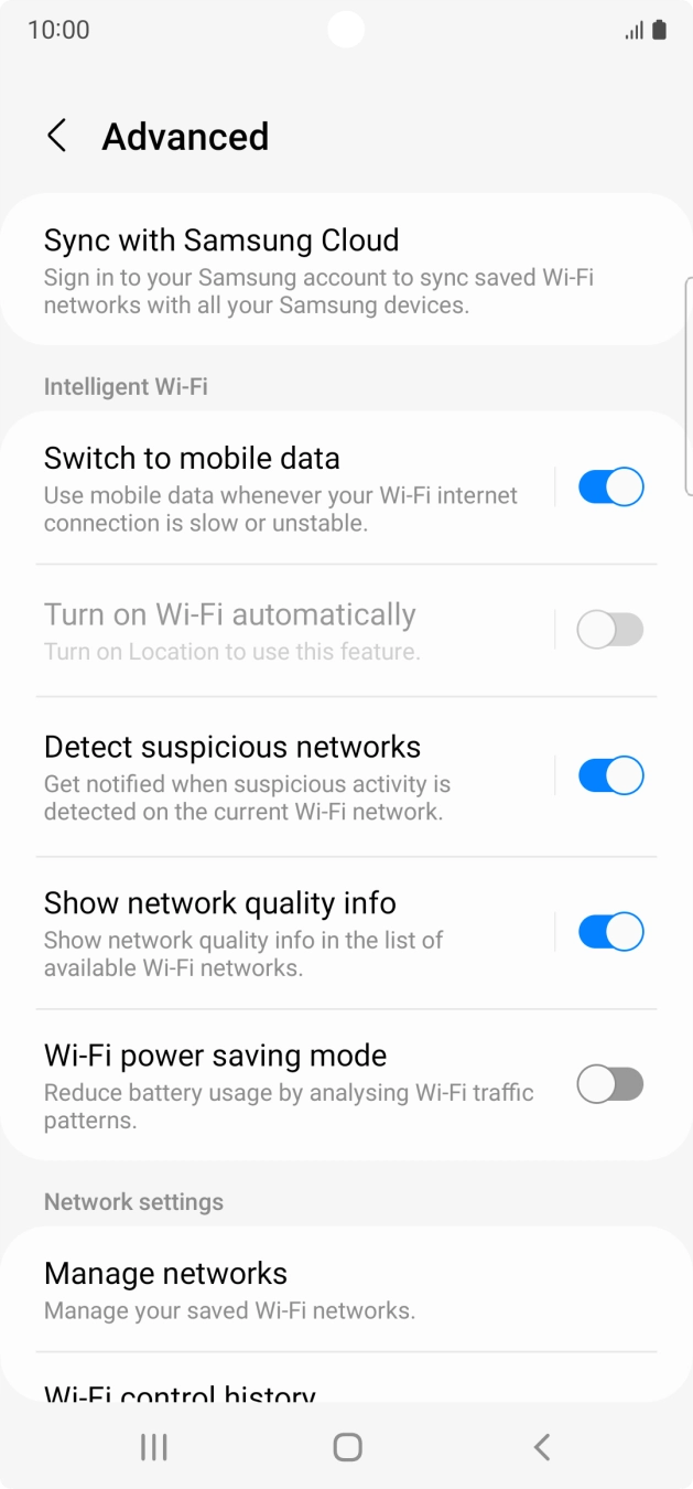 Press the indicator next to 'Switch to mobile data' to turn the function on or off. Press the indicator next to 'Switch to mobile data' to turn the function on or off.
