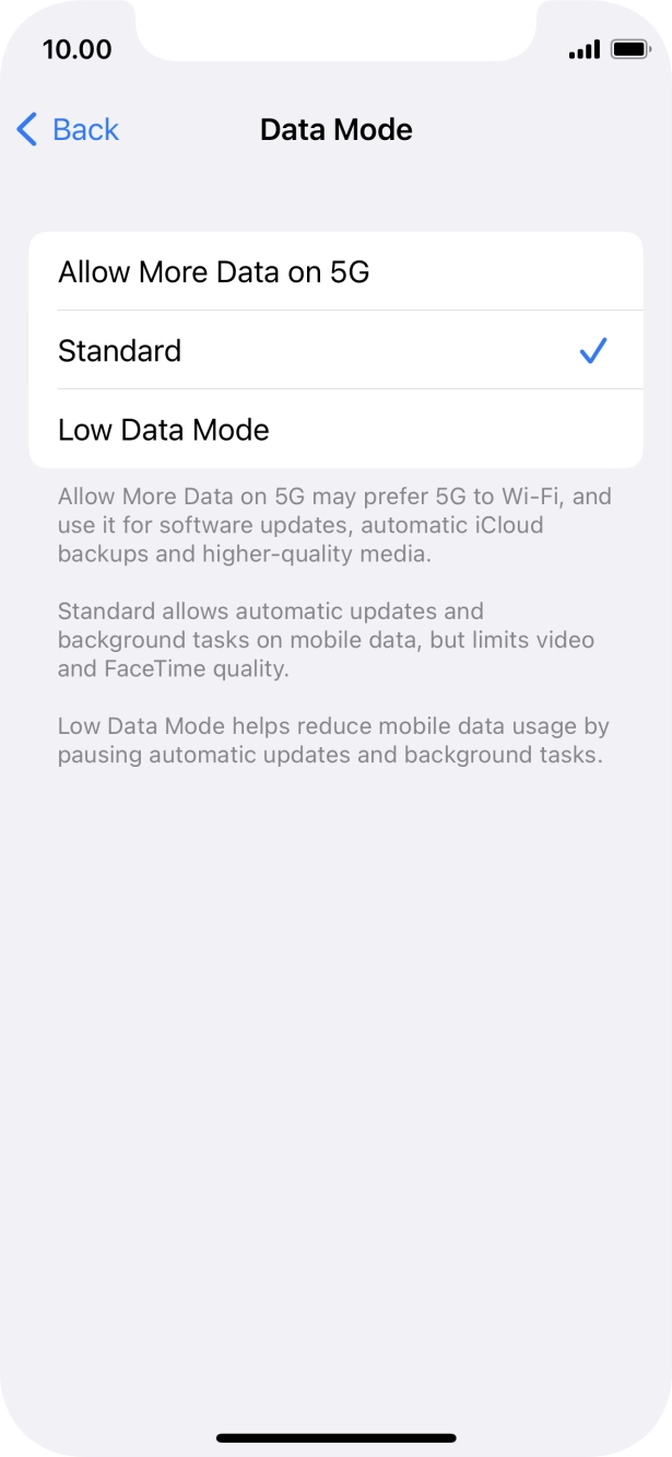 Press the required setting.
