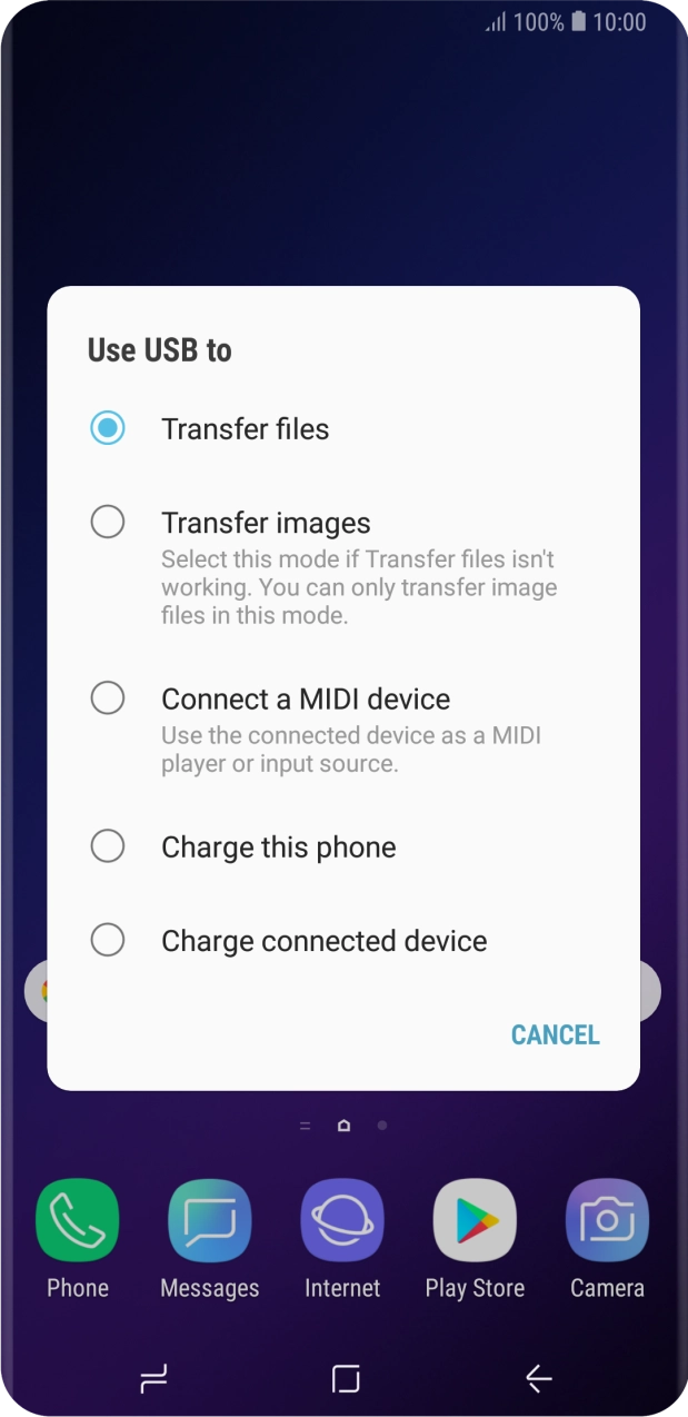 Press Transfer files to turn on the function. Press Transfer files to turn on the function.