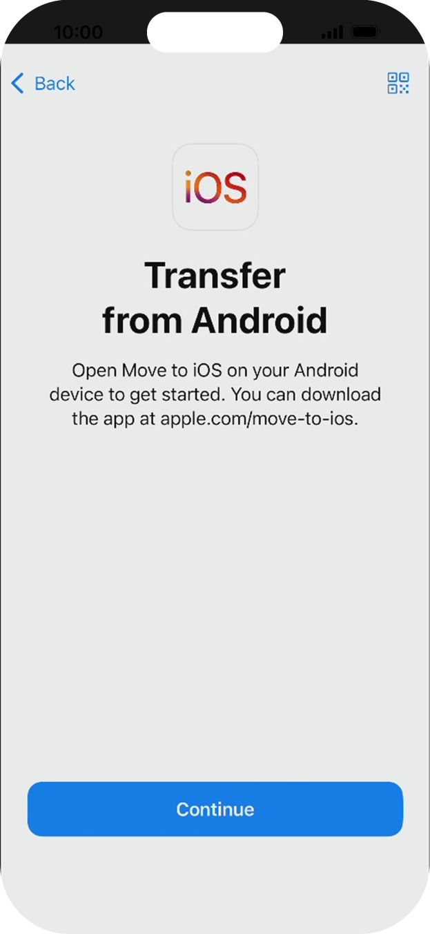 To transfer content to your phone, you need to install the app 'Move to iOS' on the Android phone. When the app is installed, press Continue.