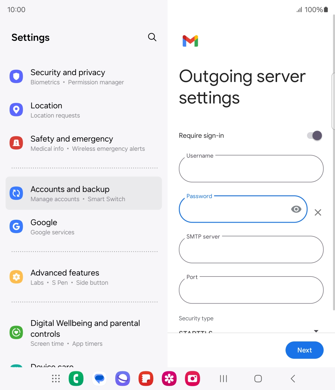 Press the field below 'SMTP server' and key in the name of your email provider's outgoing server. Press the field below 'SMTP server' and key in the name of your email provider's outgoing server.
