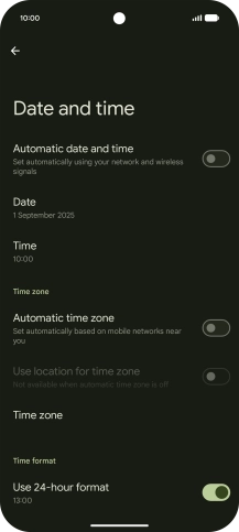 Press the indicator next to 'Automatic date and time' to turn on the function.